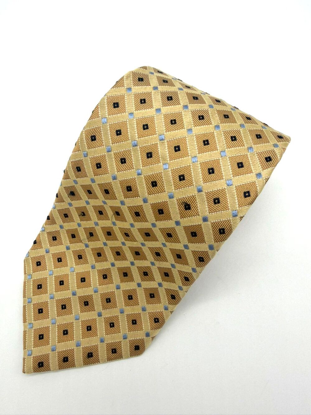 Nautica Men's Tie Gold Blue Diamond Geometric Grid 100% Silk Made In USA Classic